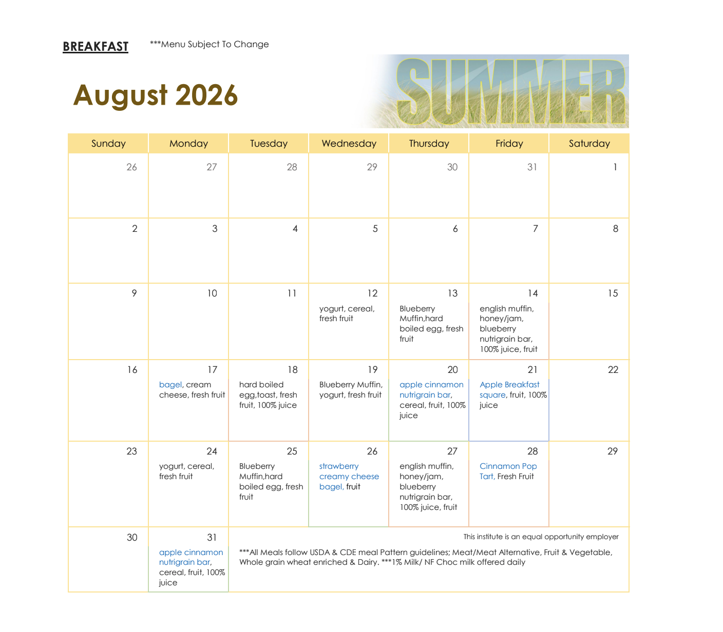 Breakfast Menu August 2026